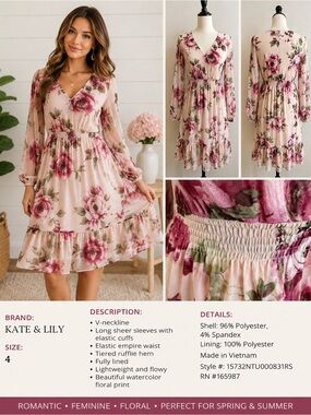 Kate & Lily Pink Floral Sheer Sleeve Lined Midi Dress Size 4